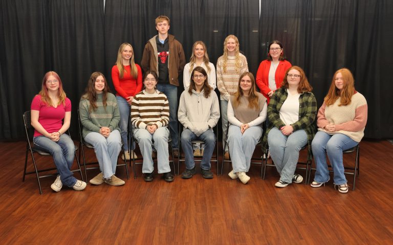 Front row left to right: Adele Anderson, Ellie Dambacher, Drea Edwards, Cole Gourly, Tessa Hays, Reagan Masters, Nokomis Moon, Back row left to right: Lindy Parlier, Jack Parlier, Maggie Parlier, Payton Petefish, VHS Teacher Heather Crivilare, team advisor.